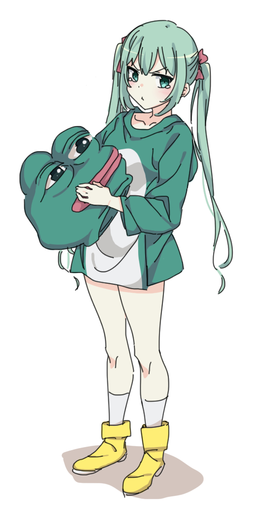 1girl animal_costume boots boy's_club commentary cosplay eyebrows_visible_through_hair frog_costume frown girls_frontline green_eyes green_hair hair_ribbon holding_headgear kigurumi korean_commentary long_hair looking_at_viewer mascot_head micro_uzi_(girls'_frontline) pepe_the_frog red_ribbon ribbon sidarim simple_background socks solo standing tears twintails very_long_hair white_background white_legwear yellow_footwear