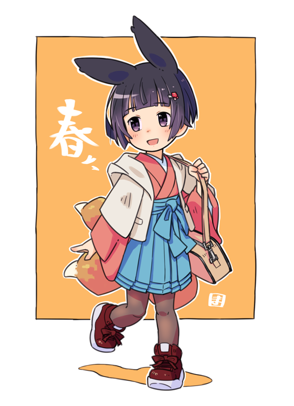 1girl :d animal_ears bag bangs blue_hakama blush brown_legwear colored_shadow eyebrows_visible_through_hair fox_ears fox_girl fox_tail full_body grey_jacket hakama hakama_short_skirt hakama_skirt hand_up holding_strap hood hood_down hooded_jacket jacket japanese_clothes kimono kitsune kukuri_(mawaru) long_sleeves mawaru_(mawaru) open_clothes open_jacket orange_background original pantyhose pink_kimono red_footwear shadow shoes short_hair shoulder_bag skirt sleeves_past_wrists smile solo standing standing_on_one_leg tail translation_request two-tone_background violet_eyes white_background wide_sleeves