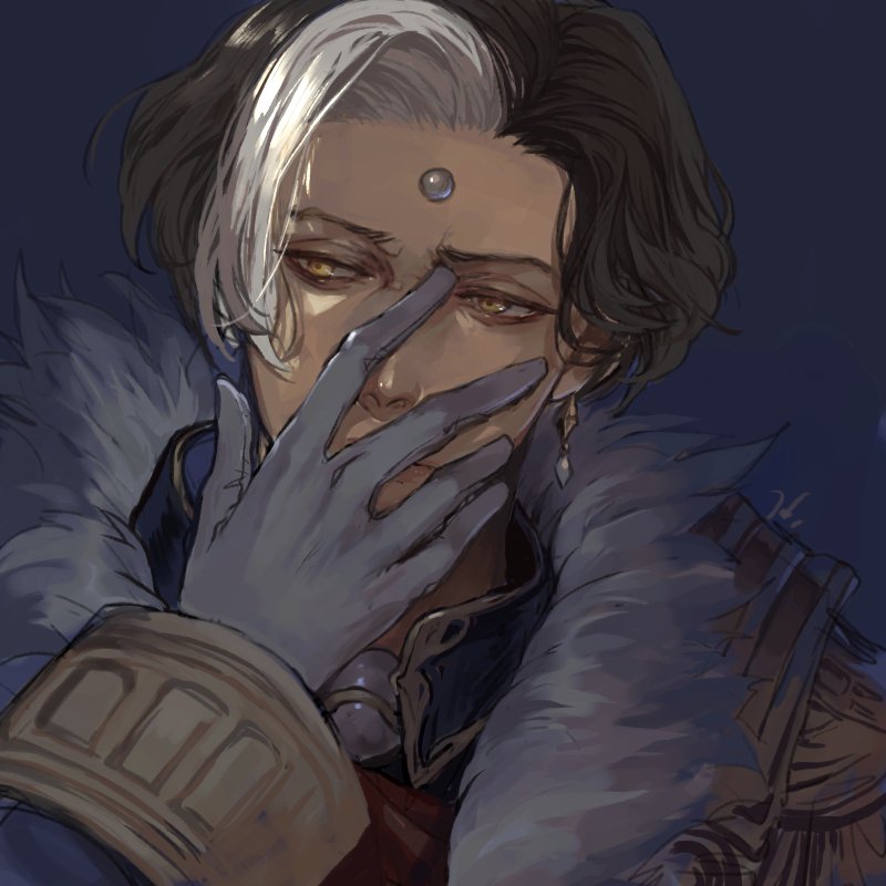 1boy blue_background brown_hair covered_mouth earrings emet-selch face final_fantasy final_fantasy_xiv fur_trim garlean gloves hand_on_own_face hug_ff14 jewelry looking_to_the_side male_focus multicolored_hair portrait short_hair solo streaked_hair third_eye white_gloves white_hair yellow_eyes