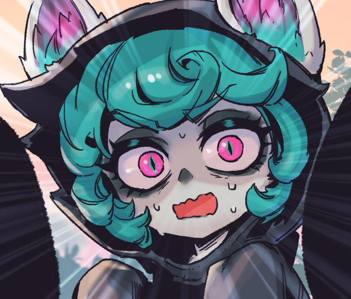 1girl bangs ears_through_headwear emphasis_lines green_hair hood hood_up league_of_legends looking_at_viewer open_mouth phantom_ix_row pink_eyes portrait shiny shiny_hair solo sweat vex_(league_of_legends) wavy_mouth yordle