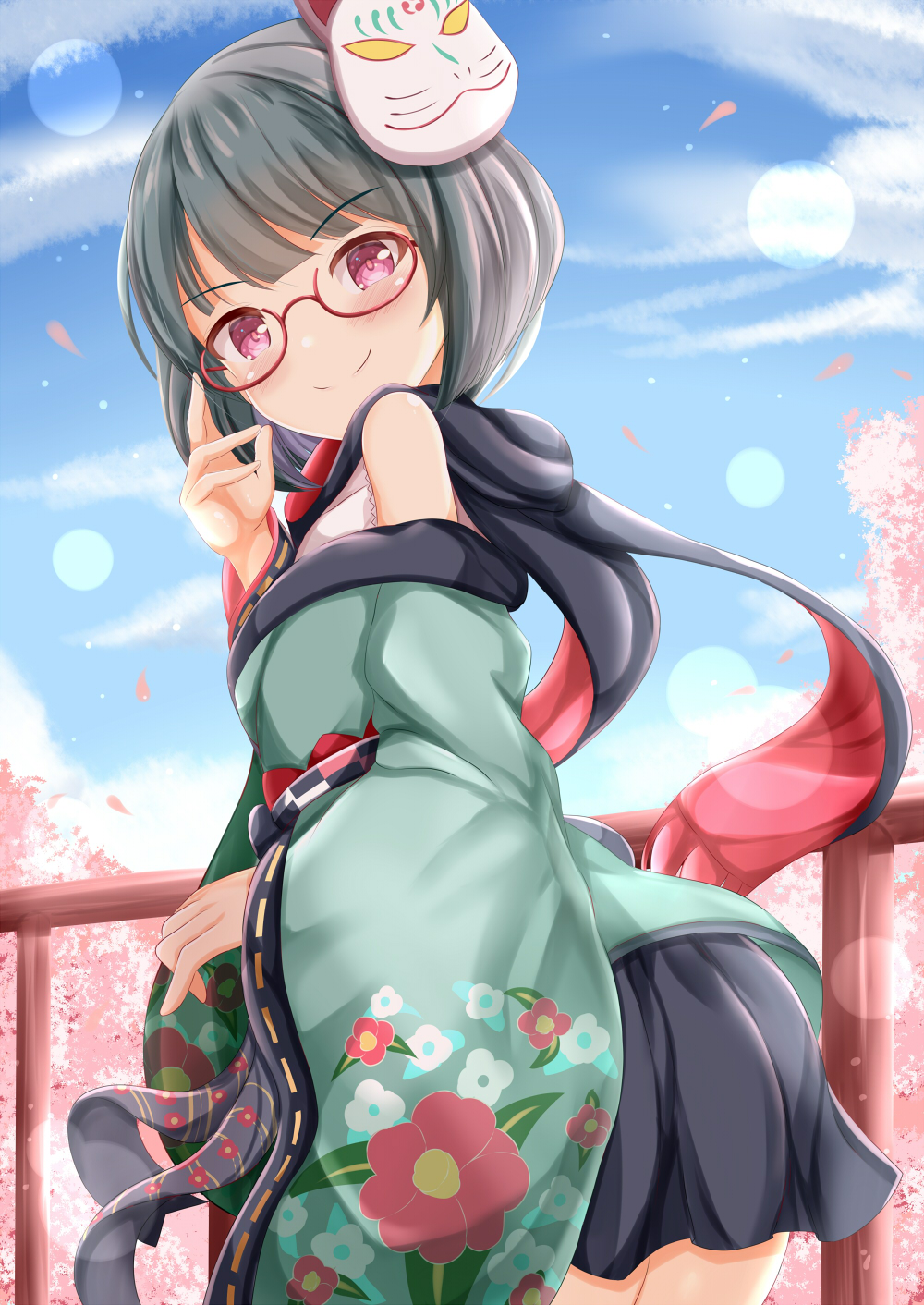 1girl aihara_tsubaki ass bangs black_scarf black_skirt blue_sky blush closed_mouth clouds commentary_request day eyebrows_visible_through_hair green_kimono grey_hair highres japanese_clothes kimono leaning_forward looking_at_viewer looking_to_the_side mask mask_on_head off_shoulder ongeki outdoors pleated_skirt red-framed_eyewear red_eyes red_scarf scarf semi-rimless_eyewear shirt skirt sky sleeveless sleeveless_shirt smile solo under-rim_eyewear white_shirt zenon_(for_achieve)