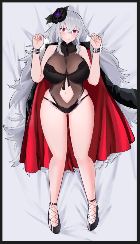 ass_visible_through_thighs azur_lane blush bracelet breasts cape dakimakura_(medium) graf_zeppelin_(azur_lane) graf_zeppelin_(beachside_urd)_(azur_lane) hair_ornament high_heels huge_breasts jewelry long_hair navel one-piece_swimsuit red_eyes sai_skx simple_background swimsuit very_long_hair white_background white_hair wide_hips
