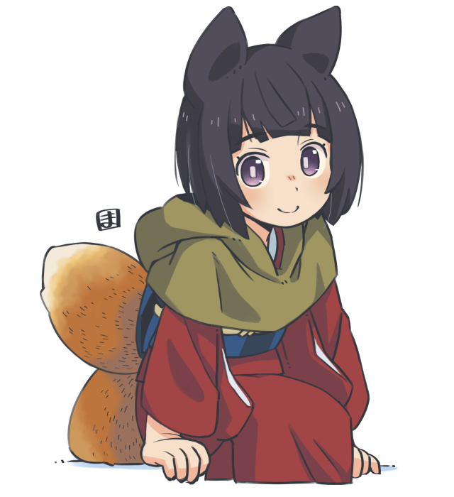 1girl animal_ears arm_support bangs black_hair closed_mouth commentary_request cropped_legs eyebrows_visible_through_hair fox_ears fox_girl fox_tail japanese_clothes kimono kukuri_(mawaru) long_sleeves looking_at_viewer mawaru_(mawaru) multiple_tails obi original red_kimono sash simple_background sitting smile solo tail two_tails violet_eyes white_background wide_sleeves