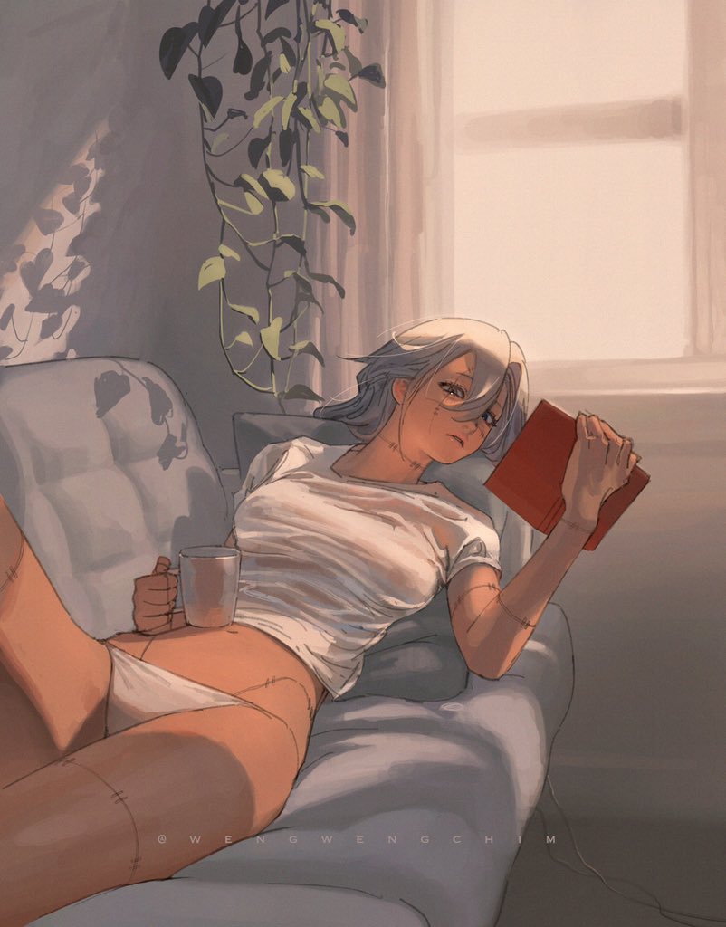 1girl bangs book breasts commentary couch cup genderswap genderswap_(mtf) grey_hair hair_between_eyes holding holding_book holding_cup indoors jujutsu_kaisen long_hair looking_at_viewer lying mahito_(jujutsu_kaisen) mug navel open_book panties parted_lips room scar shirt short_sleeves solo stomach t-shirt underwear wengwengchim white_panties white_shirt window