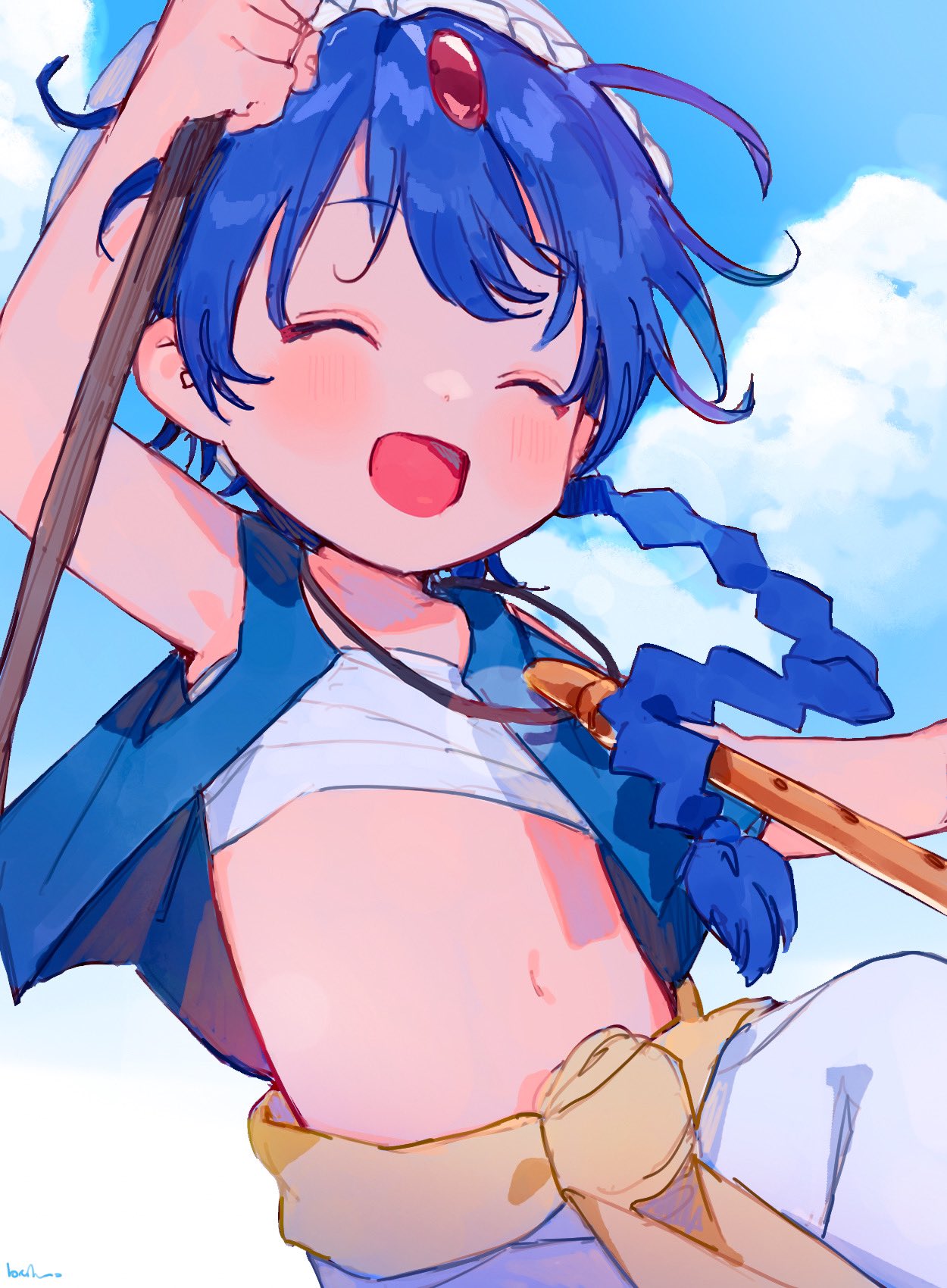 1boy aladdin_(magi) blue_hair blue_sky braid closed_eyes clouds cloudy_sky commentary day english_commentary fantasy flute hat highres holding holding_staff instrument jewelry long_hair magi_the_labyrinth_of_magic magic male_focus midriff navel open_mouth outdoors single_braid sky smile solo staff thebrushking turban wand