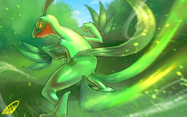 blurry claws closed_mouth commentary_request day grovyle kaosu_(kaosu0905) looking_back no_humans outdoors pokemon pokemon_(creature) signature sky solo standing