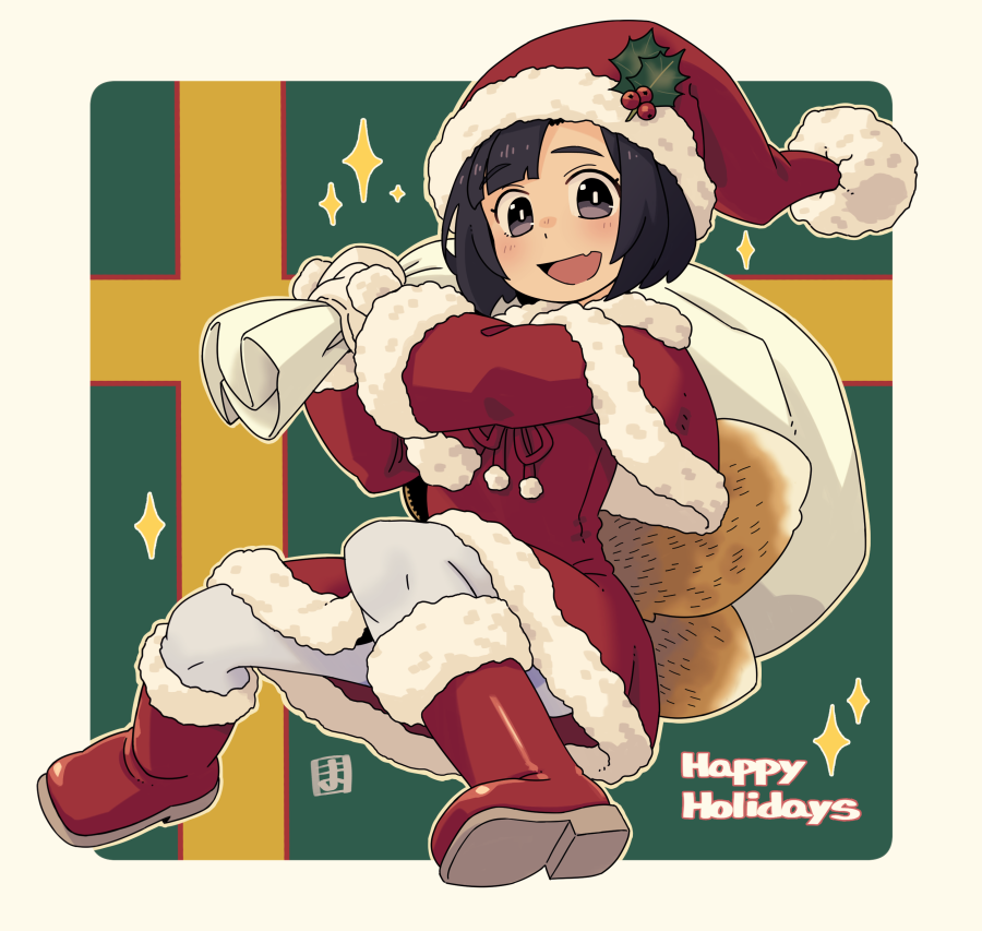 1girl :d bangs black_eyes black_hair boots border brown_border dress fox_girl fox_tail full_body hat holding holding_sack kukuri_(mawaru) long_sleeves looking_at_viewer mawaru_(mawaru) merry_christmas open_mouth original pantyhose red_dress sack santa_boots santa_costume santa_hat smile tail white_legwear