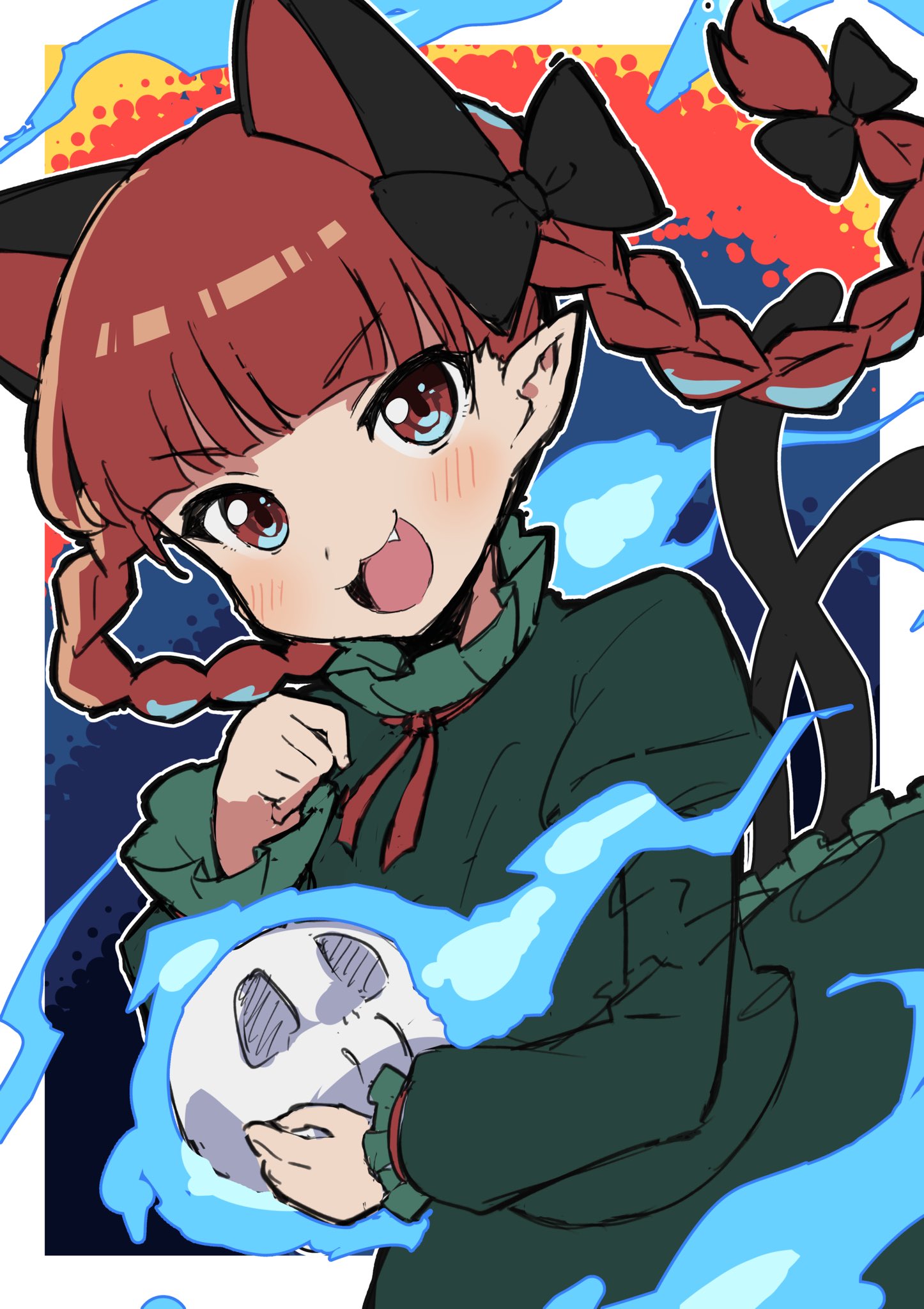 1girl :3 :d animal_ears bangs black_bow blue_fire blunt_bangs blush bow braid cat_ears dress extra_ears eyebrows_visible_through_hair fang fire flaming_skull floating_skull green_dress hair_bow highres hitodama holding holding_skull kaenbyou_rin long_sleeves looking_at_viewer miz_(mizillustration) multiple_tails nekomata open_mouth outline pointy_ears red_eyes redhead skull smile solo tail touhou twin_braids v-shaped_eyebrows white_outline