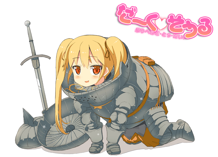 1girl all_fours armor bangs blonde_hair blush commentary_request dark_souls_(series) dark_souls_i eyebrows_visible_through_hair full_armor full_body hair_between_eyes headwear_removed heart helmet helmet_removed long_hair looking_at_viewer ooide_chousuke open_mouth red_eyes shadow sidelocks sieglinde_of_catarina simple_background solo sword translation_request twintails weapon white_background