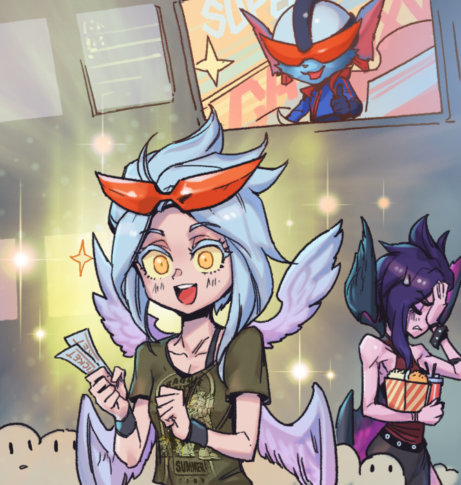 2girls :d alternate_costume bangs bare_shoulders blush brown_shirt collarbone crowd cup disposable_cup facepalm food goggles grey_hair happy helmet holding holding_cup holding_food kayle_(league_of_legends) league_of_legends long_hair morgana_(league_of_legends) multiple_girls multiple_wings open_mouth phantom_ix_row popcorn poster_(object) rumble_(league_of_legends) shiny shiny_hair shirt short_hair siblings sisters smile sparkle super_galaxy_rumble teeth thumbs_up ticket tinted_eyewear upper_teeth wings yellow_eyes yordle