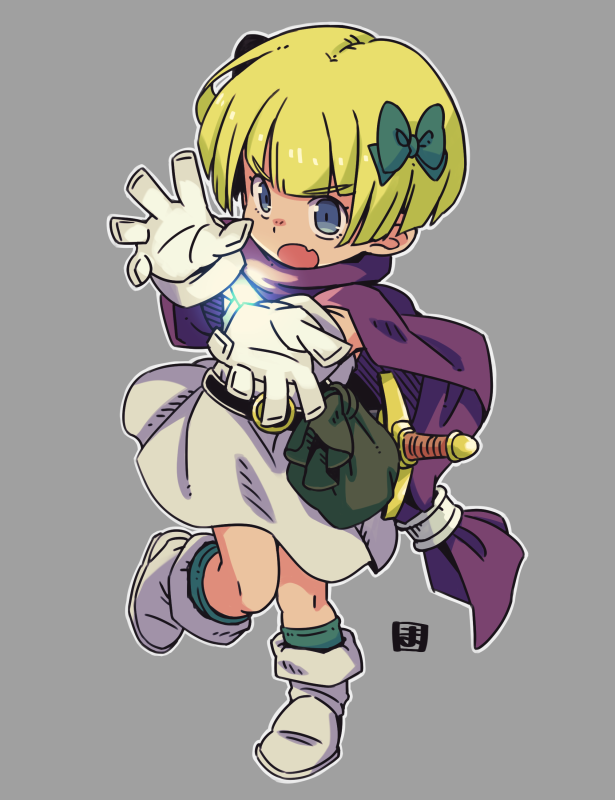 1girl :o bangs belt black_belt blonde_hair blue_eyes boots bow cape commentary_request dragon_quest dragon_quest_v dress eyebrows_visible_through_hair fang full_body gloves green_bow green_legwear grey_background hair_bow hero's_daughter_(dq5) kneehighs looking_at_viewer mawaru_(mawaru) open_mouth purple_cape simple_background solo standing standing_on_one_leg sword v-shaped_eyebrows weapon white_dress white_footwear white_gloves