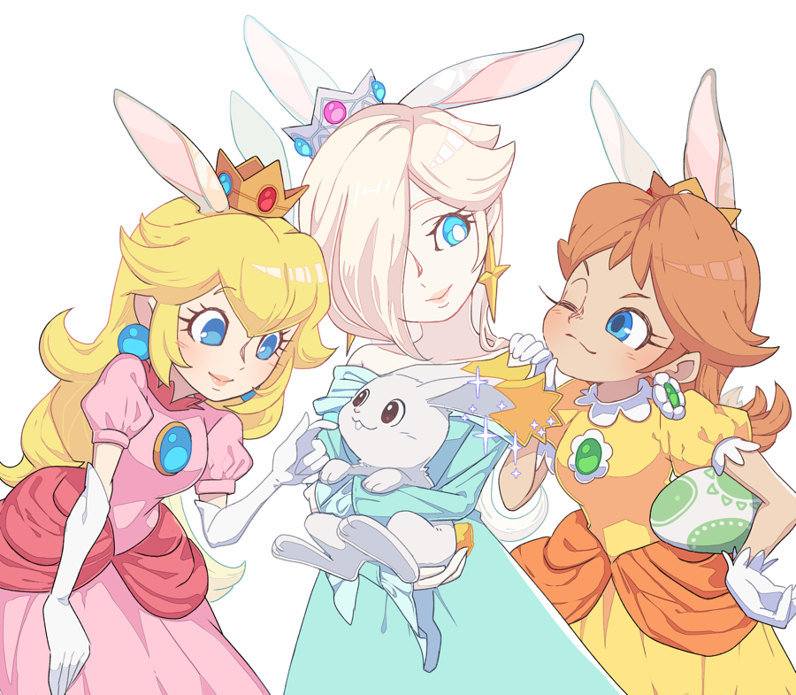 3girls animal_ears blonde_hair blue_dress blue_eyes brown_hair crown dress earrings egg hoshikuzu_pan jewelry multiple_girls pink_dress platinum_blonde_hair princess_daisy princess_peach rabbit rabbit_ears rosalina smile super_mario_bros. super_mario_galaxy yellow_dress