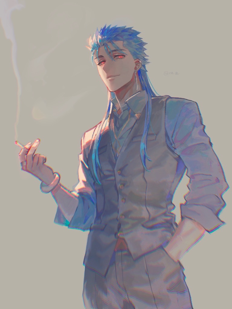 1boy blue_hair bracelet buttons closed_mouth collared_shirt cu_chulainn_(caster)_(fate) cu_chulainn_(caster)_(formal_dress)_(fate) cu_chulainn_(fate) earrings fate/grand_order fate_(series) hand_in_pocket hikaru_(asteriskring) jewelry long_hair looking_at_viewer male_focus multiple_earrings official_alternate_costume red_eyes shirt simple_background sleeves_rolled_up smile solo spiky_hair vest