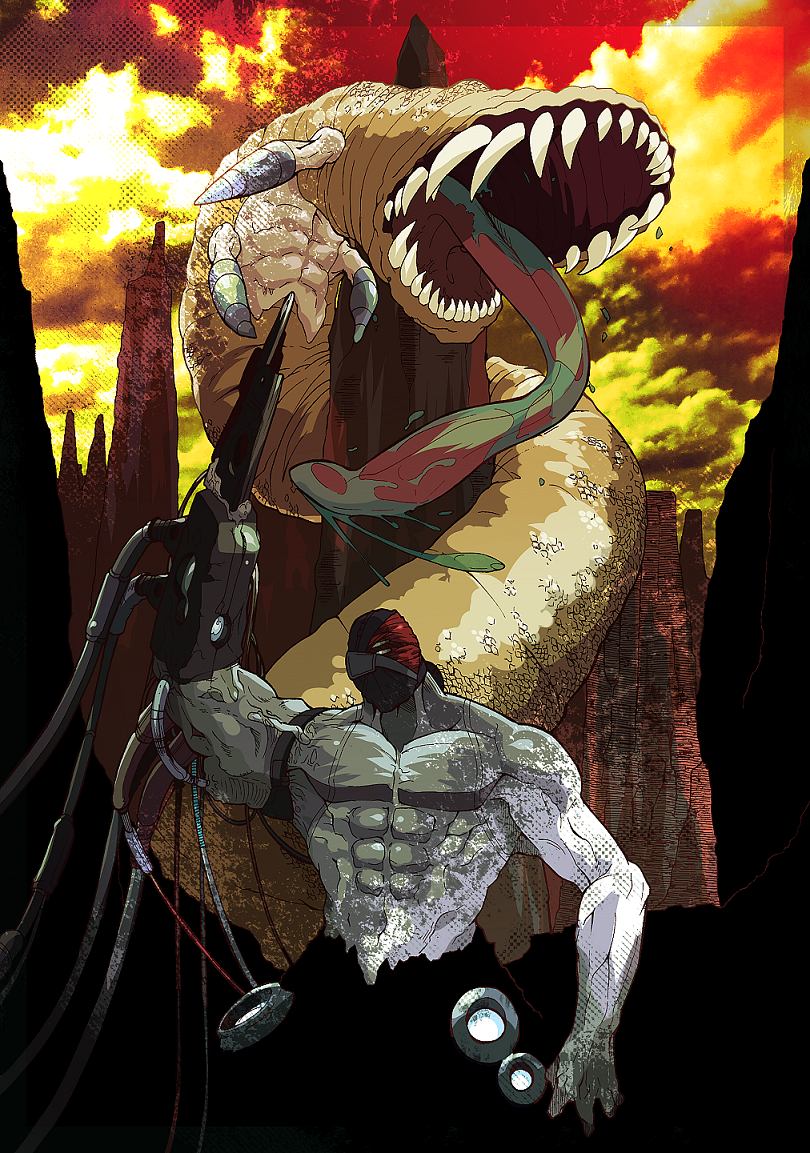 1boy abs arm_blade arm_up border cable clouds colored_skin commentary_request day extra_eyes eyepatch green_eyes grey_skin long_tongue male_focus mechanical_arms minashirazu monster multicolored_skin muscular muscular_male open_mouth original outdoors partial_commentary pectorals red_sky saliva sharp_teeth single_mechanical_arm sky standing teeth tongue topless_male two-tone_skin weapon white_skin