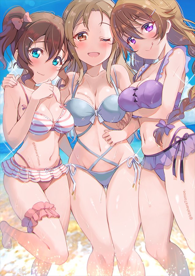 3girls :&gt; ass_visible_through_thighs barefoot beach belly bikini blue_eyes blue_sky blue_swimsuit blush bow braid breast_hold breasts brown_eyes brown_hair collarbone eyelashes frilled_bikini frills groin hair_between_eyes hair_bow hair_ornament hairclip hand_on_another's_shoulder kitahara_tomoe_(kitahara_koubou) konoe_haruka konoe_kanata konoe_kanata/haruka's_mother large_breasts leg_up legs light_brown_hair long_hair looking_at_viewer love_live! love_live!_nijigasaki_high_school_idol_club medium_breasts medium_hair mother_and_daughter multiple_girls navel ocean one_eye_closed open_mouth outdoors purple_bikini red_swimsuit sky smile sparkle stomach string_bikini striped striped_bikini swimsuit swimsuit_skirt thigh_strap thighs tongue tongue_out twintails twitter_username violet_eyes wet