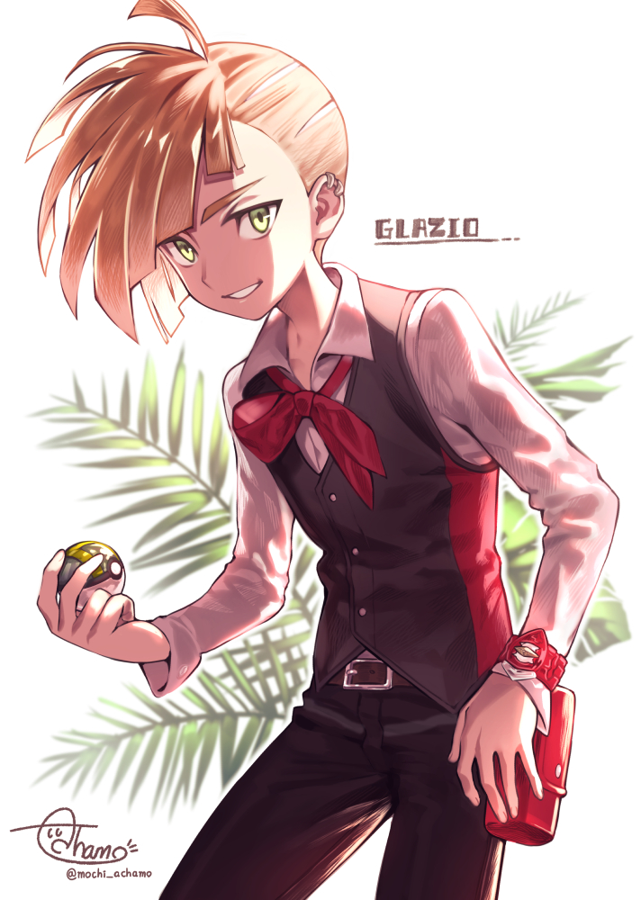 1boy acyamochi ahoge bangs black_pants black_vest blonde_hair bracelet buttons character_name collared_shirt commentary_request ear_piercing gladion_(pokemon) green_eyes holding holding_poke_ball jewelry male_focus pants piercing poke_ball pokemon pokemon_(anime) pokemon_sm_(anime) red_bag shirt short_hair signature smile solo ultra_ball vest white_shirt z-ring