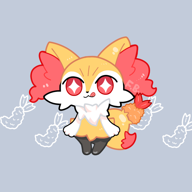 +_+ 1girl :3 animal_ear_fluff animal_ears animal_nose arms_at_sides artist_name black_fur body_fur braixen bright_pupils c_(flash_berries) chibi closed_mouth commentary_request food fox_ears fox_girl fox_tail full_body fur_collar furry furry_female grey_background happy hungry licking_lips pokemon pokemon_(creature) red_eyes signature simple_background smile solo standing tail tempura tongue tongue_out white_fur white_pupils yellow_fur