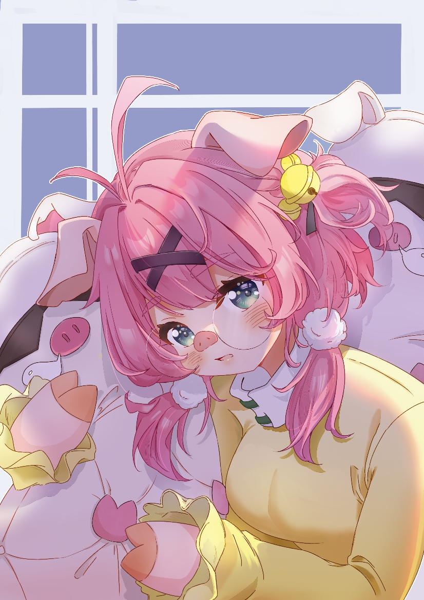 1girl ahoge animal_ears animal_hands bangs bell blush breasts chinese_commentary colored_skin dishy_galaxr eyebrows_visible_through_hair frilled_sleeves frills furry furry_female girls_frontline glasses hair_bell hair_ornament holding holding_pillow hoof hug official_alternate_costume parted_lips pig_ears pig_girl pig_nose pillow pink_hair pink_skin pom_pom_(clothes) pom_pom_hair_ornament shadow shirt short_twintails simple_background solo tabuk_(girls'_frontline) tabuk_(three_little_piggies_rent_a_house)_(girls'_frontline) thick_eyebrows twintails two-tone_background upper_body x_hair_ornament yellow_shirt yellow_sleeves