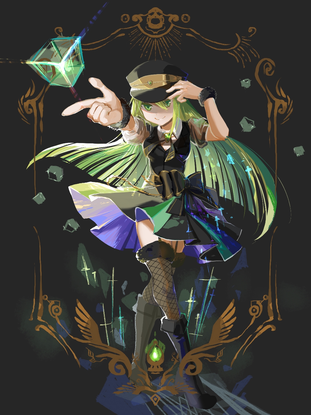 1girl alina_gray boots bracelet cirrus fishnet_legwear fishnets garter_straps green_eyes green_hair grey_background hat highres jewelry long_hair looking_at_viewer magia_record:_mahou_shoujo_madoka_magica_gaiden mahou_shoujo_madoka_magica multicolored_background pointing short_sleeves solo