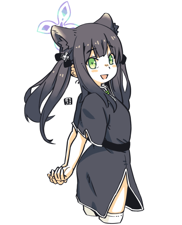 1girl :d animal_ear_fluff animal_ears arms_behind_back bangs black_dress black_hair blue_archive blush_stickers commentary_request cowboy_shot cropped_legs dress eyebrows_visible_through_hair from_side green_eyes halo long_hair looking_at_viewer looking_to_the_side mawaru_(mawaru) own_hands_together short_sleeves shun_(blue_archive) shun_(kid)_(blue_archive) simple_background smile solo thigh-highs twintails white_background white_legwear