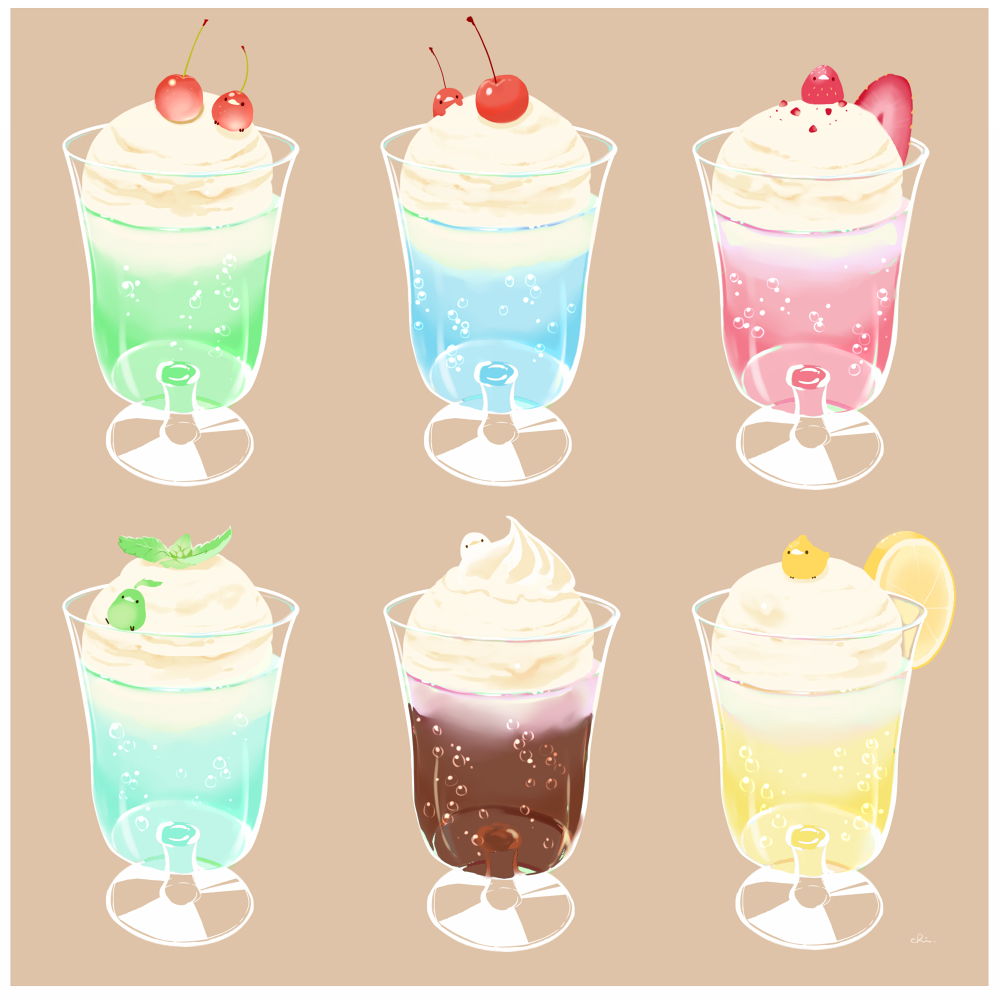 bird bubble chai_(drawingchisanne) cherry commentary_request cup drink drinking_glass food food_focus fruit glass ice_cream ice_cream_float looking_at_viewer mint no_humans on_food orange_(fruit) orange_slice original signature simple_background soda strawberry undersized_animal whipped_cream