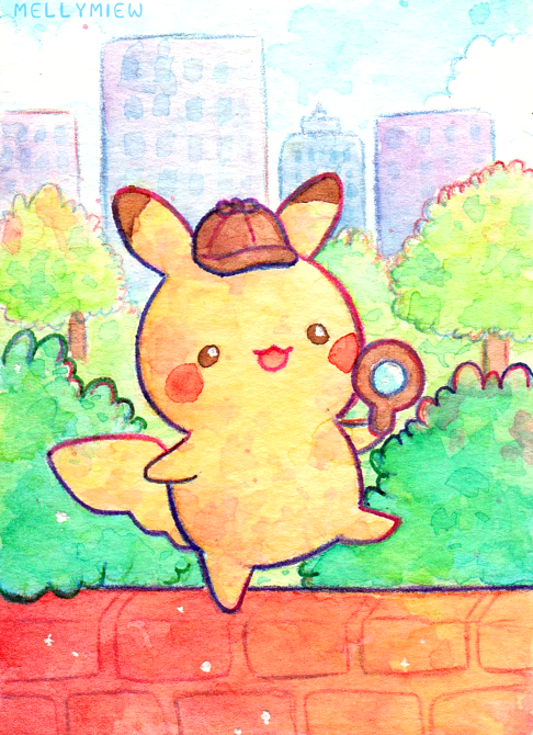 :3 :d animal animal_focus artist_name bisquii building bush chibi cityscape colorful detective detective_pikachu_(character) english_commentary holding magnifying_glass nintendo no_humans open_mouth outdoors painting_(medium) pikachu pokemon pokemon_(creature) sky smile standing standing_on_one_leg traditional_media tree watercolor_(medium)