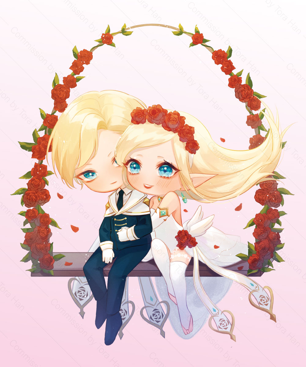 1boy 1girl bare_shoulders barefoot black_necktie black_suit blonde_hair blue_eyes cape couple detached_sleeves dress earrings eye_contact feathers flower formal gloves hair_flower hair_ornament hand_on_another's_chest hand_on_another's_leg heart highres janna_(league_of_legends) jewelry league_of_legends leg_garter long_hair looking_at_another necklace necktie necktie_grab neckwear_grab parted_lips petals pointy_ears red_flower red_rose ring rose rose_petals short_hair sitting sitting_on_lap sitting_on_person smile strapless strapless_dress suit talon_(league_of_legends) tora_han wedding_dress white_background white_cape white_dress white_gloves