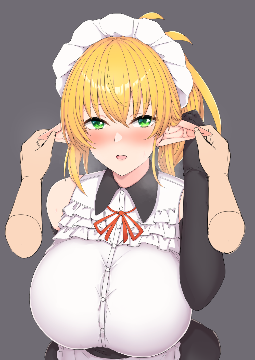 1girl black_gloves blonde_hair blush breasts ear_fondling elbow_gloves elf etan14 gloves green_eyes grey_background heavy_breathing highres large_breasts long_hair maid maid_headdress male_hand original playing_with_another's_ears pointy_ears simple_background sleeveless solo_focus upper_body