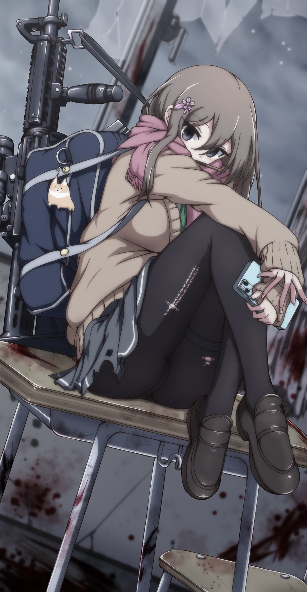 1girl assault_rifle bag bag_charm black_eyes black_footwear black_legwear blood breasts broken_window brown_hair cardigan cellphone charm_(object) clouds cloudy_sky covering_mouth den_noko desk dutch_angle eyebrows_visible_through_hair food full_body grey_skirt gun hair_between_eyes hair_ornament highres holding holding_phone knees_up loafers long_hair long_sleeves looking_at_viewer m4_carbine original pantyhose phone pink_scarf pleated_skirt pocky rifle ruins scarf school_bag school_desk school_uniform shoes skirt sky sleeves_past_wrists smartphone solo torn_clothes torn_legwear torn_skirt weapon