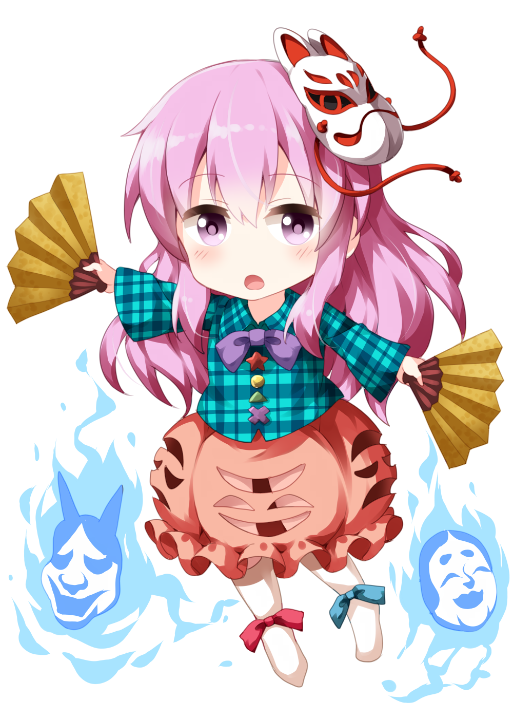 1girl aura blue_shirt bow bowtie bubble_skirt buttons chibi circle collared_shirt commentary_request fox_mask hata_no_kokoro highres long_sleeves mask mask_on_head multicolored_buttons orange_skirt plaid plaid_shirt purple_bow purple_bowtie ruu_(tksymkw) shirt skirt touhou triangle x youkai