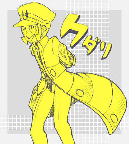 1boy :&gt; buttons coat commentary_request emmet_(pokemon) grey_background hand_up happy hat long_sleeves looking_at_viewer lowres male_focus minashirazu monochrome necktie open_clothes open_coat open_mouth pants peaked_cap pokemon pokemon_(game) pokemon_bw2 short_hair sidelocks smile solo standing yellow_theme