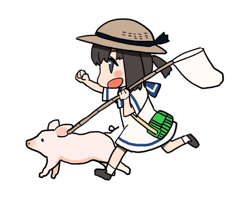 1girl black_hair blue_eyes bob_cut box butterfly_net commentary_request daitou_(kancolle) dress hand_net harukaze_unipo hat high_ponytail insect_cage kantai_collection pig running sailor_collar sailor_dress sailor_hat short_hair short_sleeves sidelocks simple_background socks sun_hat white_background white_dress white_legwear