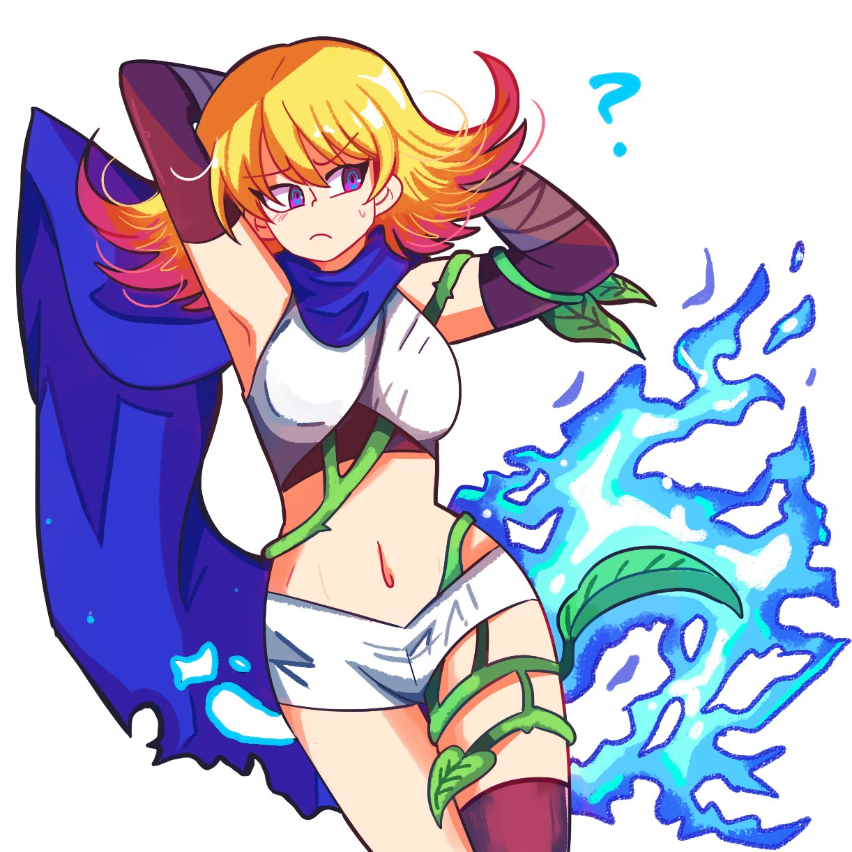 1girl ? armpits asymmetrical_legwear blonde_hair blue_scarf commentary cowboy_shot elbow_gloves eleka english_commentary gloves gradient_hair highres homriette kid_icarus kid_icarus_uprising looking_to_the_side medium_hair multicolored_hair navel orange_hair plant scarf short_shorts shorts simple_background solo vines white_background white_shorts