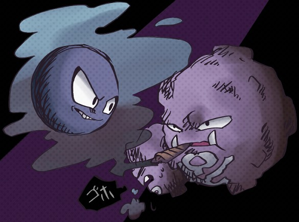alternate_color black_eyes cigar closed_eyes commentary_request eye_contact fangs full_body gastly ghost grin happy looking_at_another minashirazu mouth_hold multiple_heads no_humans pokemon pokemon_(creature) purple_background purple_theme shiny_pokemon smile smoke smoking speech_bubble sweat teeth translation_request two-tone_background weezing