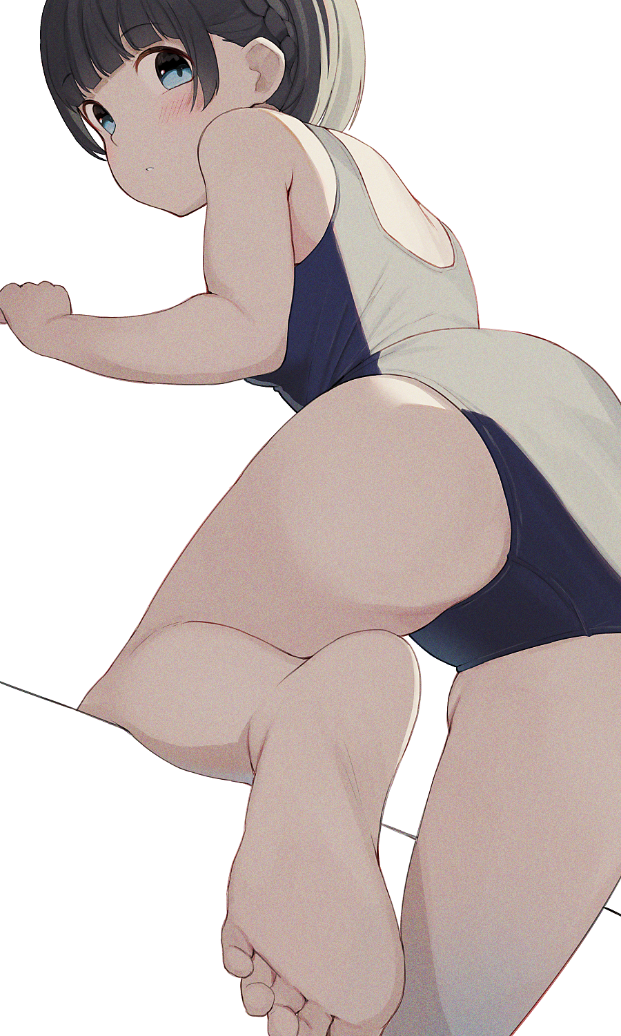 1girl ass back black_hair blue_eyes blush bob_cut breasts chestnut_mouth crotch_seam eyebrows_visible_through_hair feet hand_up highres hiroki_(yyqw7151) leg_up legs looking_at_viewer looking_back original school_swimsuit short_hair small_breasts swimsuit thighs toes white_background