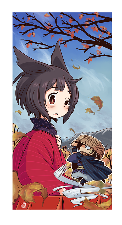 1boy 1girl autumn_leaves black_eyes black_hair blue_scarf blue_sky branch closed_mouth clouds cloudy_sky full_body hat japanese_clothes kimono kukuri_(mawaru) looking_at_another mawaru_(mawaru) open_clothes original outdoors outstretched_arms red_kimono scarf sky straw_hat
