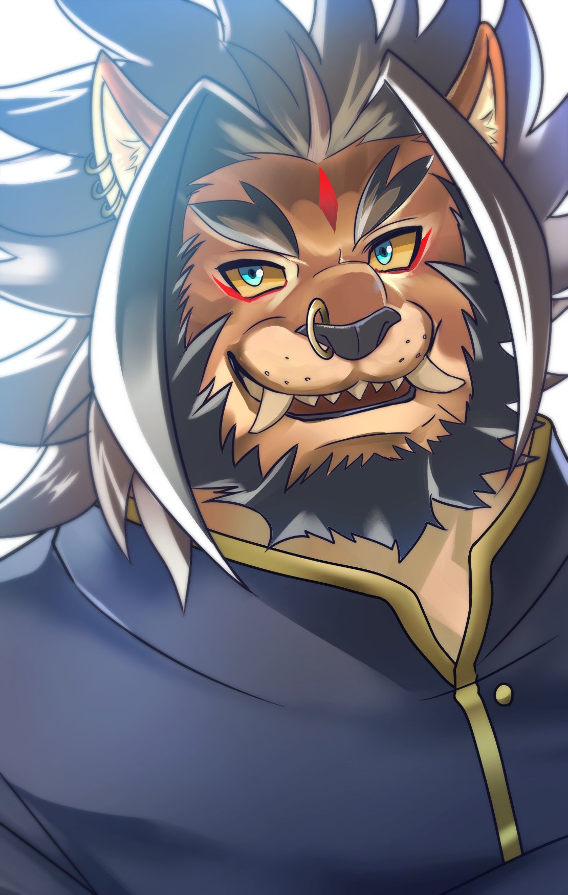 1boy animal_ears barong_(housamo) colored_sclera commentary_request ear_piercing facial_mark fangs fangs_out forehead_mark furry furry_male gold_trim highres lion_boy lion_ears long_hair male_focus nose_piercing nose_ring piercing ramusyutarou smile snout solo spiky_hair tokyo_afterschool_summoners upper_body white_background yellow_sclera