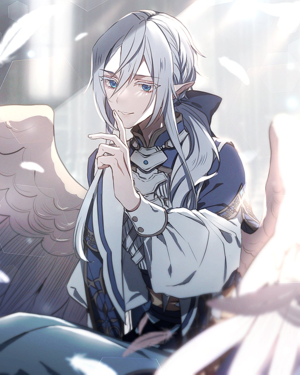 1boy aurorus blue_eyes blurry day feathered_wings feathers grey_hair hair_between_eyes hand_up highres light long_hair long_sleeves male_focus moe_(hamhamham) personification pokemon sitting solo white_wings wings