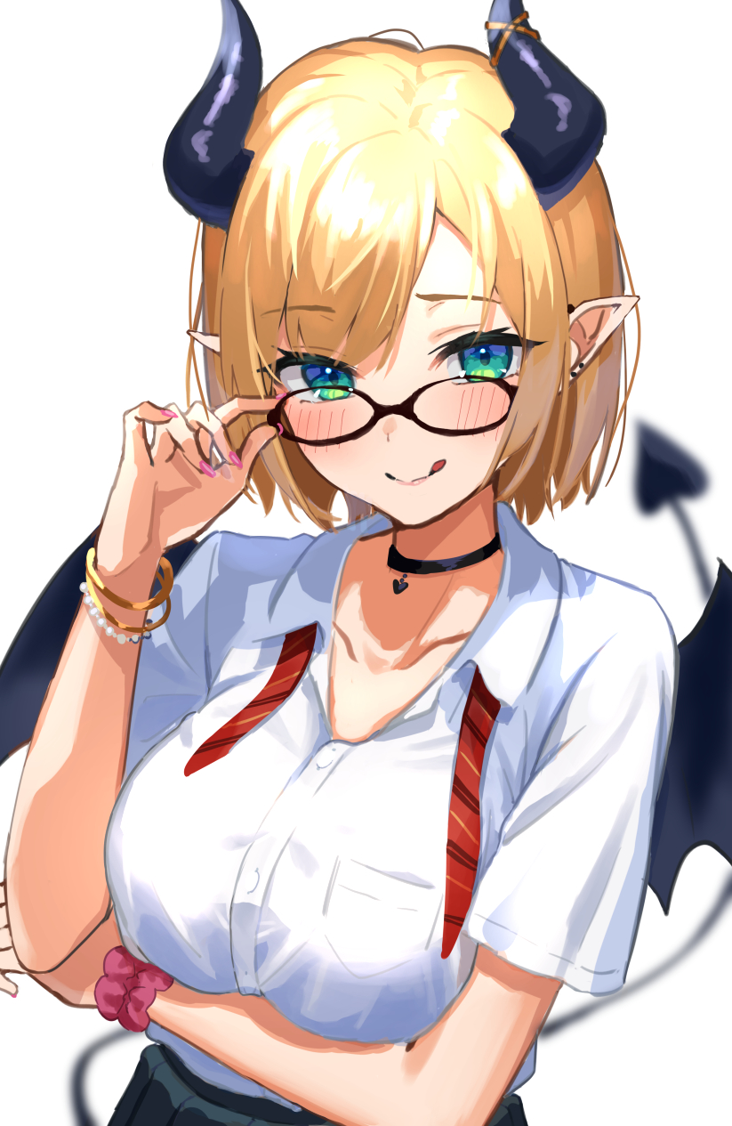 1girl :q adjusting_eyewear arm_under_breasts bangs blonde_hair bracelet breasts closed_mouth collared_shirt demon_girl demon_horns demon_tail demon_wings eyebrows_visible_through_hair glasses green_eyes highres hololive horns jewelry large_breasts looking_at_viewer nail_polish pink_nails pointy_ears scrunchie shirt short_hair short_sleeves simple_background smile solo tail tongue tongue_out upper_body uuroncha virtual_youtuber white_background white_shirt wings wrist_scrunchie yuzuki_choco