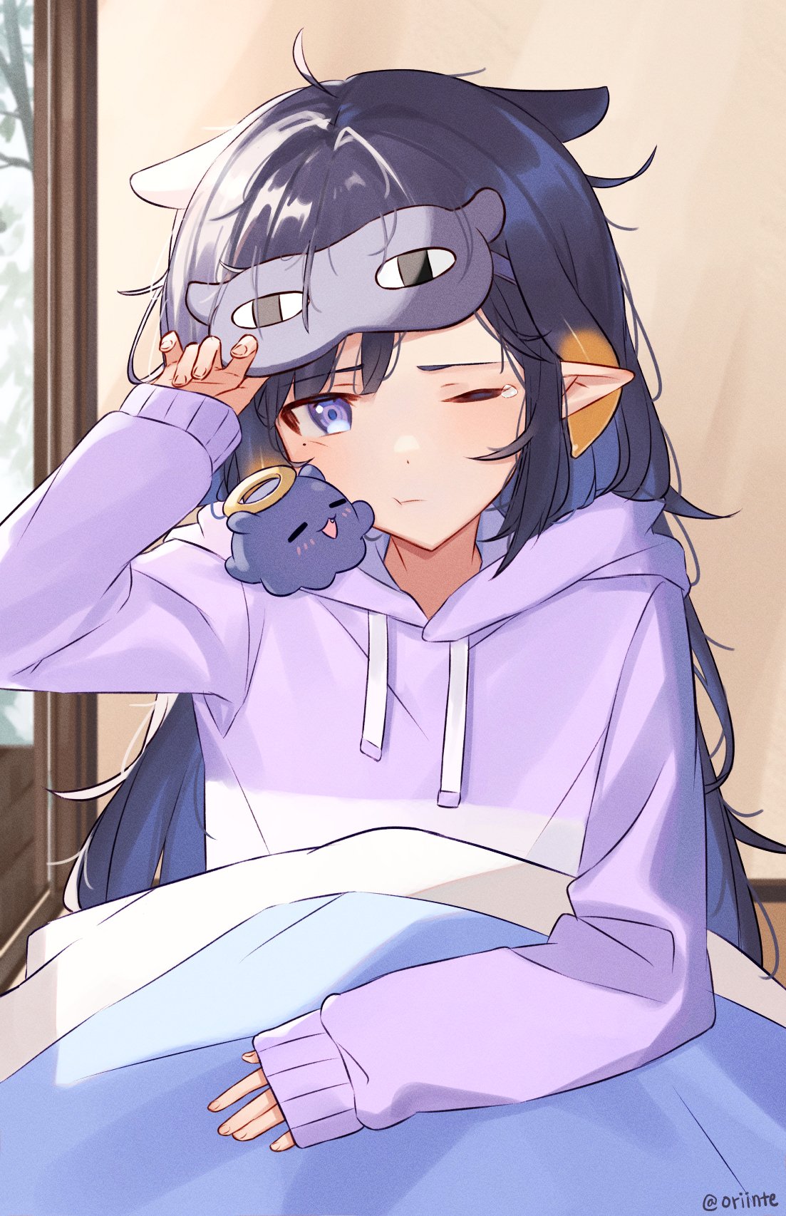 1girl black_hair eyewear_on_head hair_behind_ear highres hololive hololive_english hood hoodie looking_at_viewer mole mole_under_eye ninomae_ina'nis one_eye_closed orinte pointy_ears pout purple_hoodie sitting sleeves_past_wrists solo tako_(ninomae_ina'nis) tentacle_hair under_covers violet_eyes virtual_youtuber