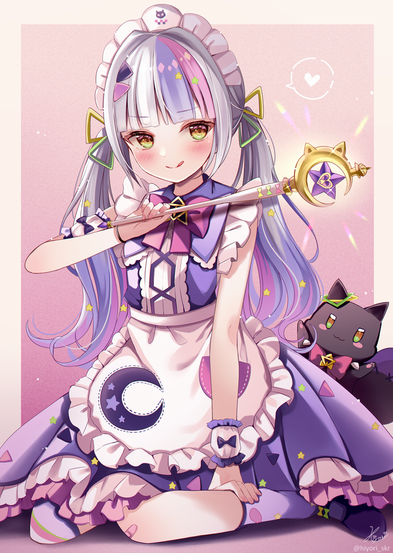 1girl :q apron bangs black_footwear blunt_bangs blush brown_eyes closed_mouth commentary_request crescent detached_sleeves dress eyebrows_visible_through_hair frilled_apron frills grey_hair heart holding holding_wand hololive long_hair looking_at_viewer multicolored_hair murasaki_shion nail_polish pink_nails puffy_short_sleeves puffy_sleeves purple_dress purple_hair purple_legwear sakura_hiyori shoes short_sleeves sitting sleeveless sleeveless_dress smile socks solo spoken_heart star_(symbol) streaked_hair tongue tongue_out twintails two-tone_hair very_long_hair virtual_youtuber waist_apron wand white_apron white_sleeves
