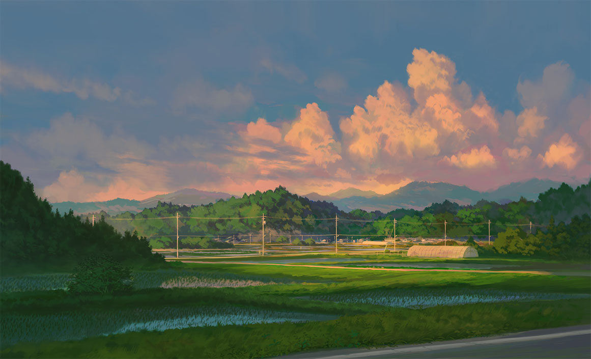 blue_sky building clouds evening feel_(nasitaki) field forest landscape mountainous_horizon nature no_humans original power_lines rice_paddy road rural scenery sky summer tree utility_pole
