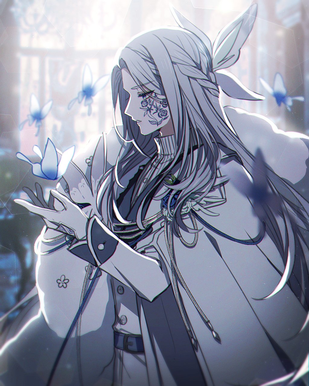 1boy backlighting belt blue_eyes blurry blurry_background braid bug butterfly butterfly_hair_ornament coat facial_tattoo frosmoth gloves grey_hair hair_ornament highres indoors male_focus moe_(hamhamham) personification pokemon solo standing tattoo vest white_gloves