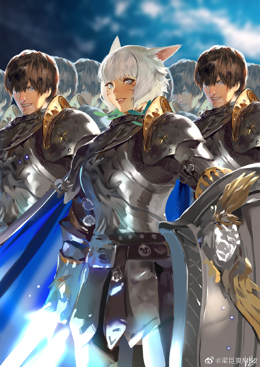 6+boys adventurer_(ff14) animal_ears armor bangs belt blue_cape blue_eyes breastplate brown_hair cape cat_ears chinese_commentary clone club3 commentary_request facial_hair facial_mark faulds feather_hair_ornament feathers feet_out_of_frame final_fantasy final_fantasy_xiv glowing glowing_sword glowing_weapon grin hair_ornament highres holding holding_shield holding_sword holding_weapon hyur miqo'te multiple_boys paladin_(final_fantasy) parody pauldrons planet shield short_hair shoulder_armor smile space standing stubble sword weapon weibo_logo weibo_username white_hair y'shtola_rhul