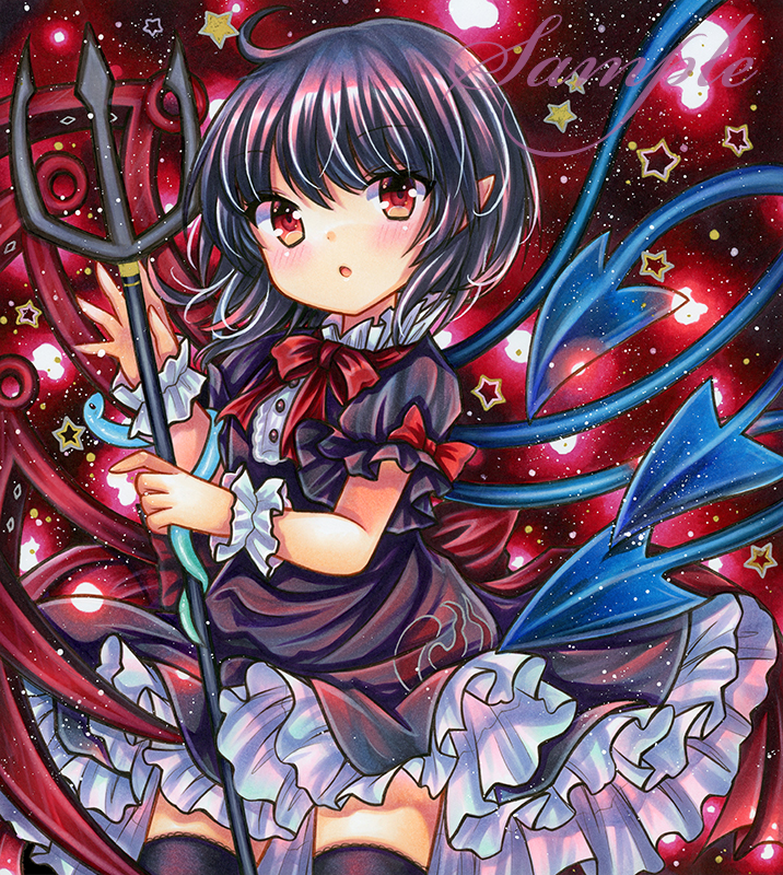 1girl :o asymmetrical_wings black_dress black_hair black_legwear blue_wings blush bow bowtie cowboy_shot dress eyebrows_visible_through_hair frills holding holding_weapon houjuu_nue looking_at_viewer marker_(medium) open_mouth pointy_ears polearm red_bow red_eyes red_wings rui_(sugar3) short_dress short_sleeves snake solo star_(sky) star_(symbol) thigh-highs touhou traditional_media trident ufo weapon wings wrist_cuffs wristband zettai_ryouiki