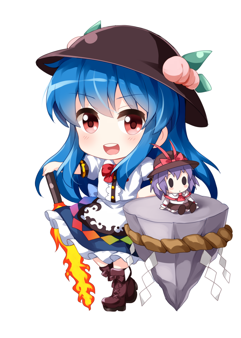 1girl apron black_headwear blue_hair blue_skirt boots brown_footwear character_doll chibi collared_shirt commentary_request flaming_sword flaming_weapon frilled_skirt frills full_body hat highres hinanawi_tenshi keystone long_hair nagae_iku open_mouth peach_hat_ornament puffy_short_sleeves puffy_sleeves rainbow_order red_eyes ruu_(tksymkw) shirt short_sleeves skirt standing sun_hat sword_of_hisou teeth touhou upper_teeth very_long_hair white_apron white_shirt |_|