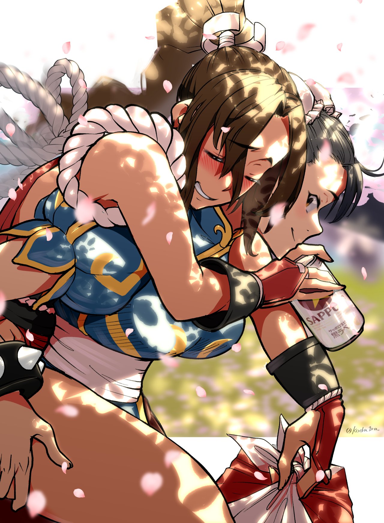2girls arm_guards blue_dress bracelet breasts brown_eyes brown_hair bun_cover china_dress chinese_clothes chun-li double_bun dress earrings fatal_fury folding_fan hair_pulled_back hand_fan high_ponytail highres holding holding_fan jewelry koda1ra multiple_girls ninja ponytail puffy_short_sleeves puffy_sleeves revealing_clothes rope sash shiranui_mai short_sleeves sideboob snk spiked_bracelet spikes street_fighter the_king_of_fighters yuri