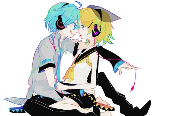 1boy 1girl blonde_hair couple female hatsune_mikuo kagamine_rin male teal_hair vocaloid