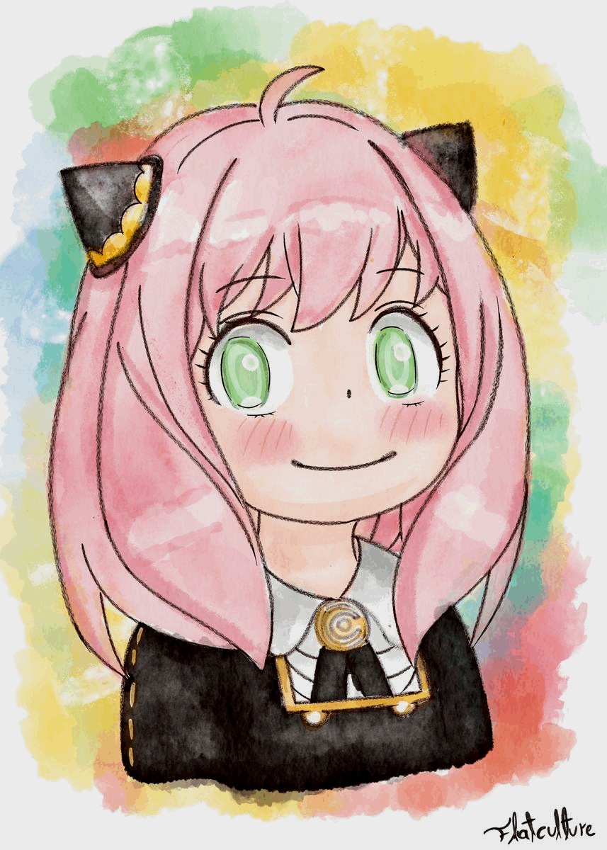 1girl animated animated_gif anya_(spy_x_family) black_dress child dress flatculture green_eyes highres loli looking_at_viewer painting_(medium) pink_hair portrait smile spy_x_family traditional_media watercolor_(medium)