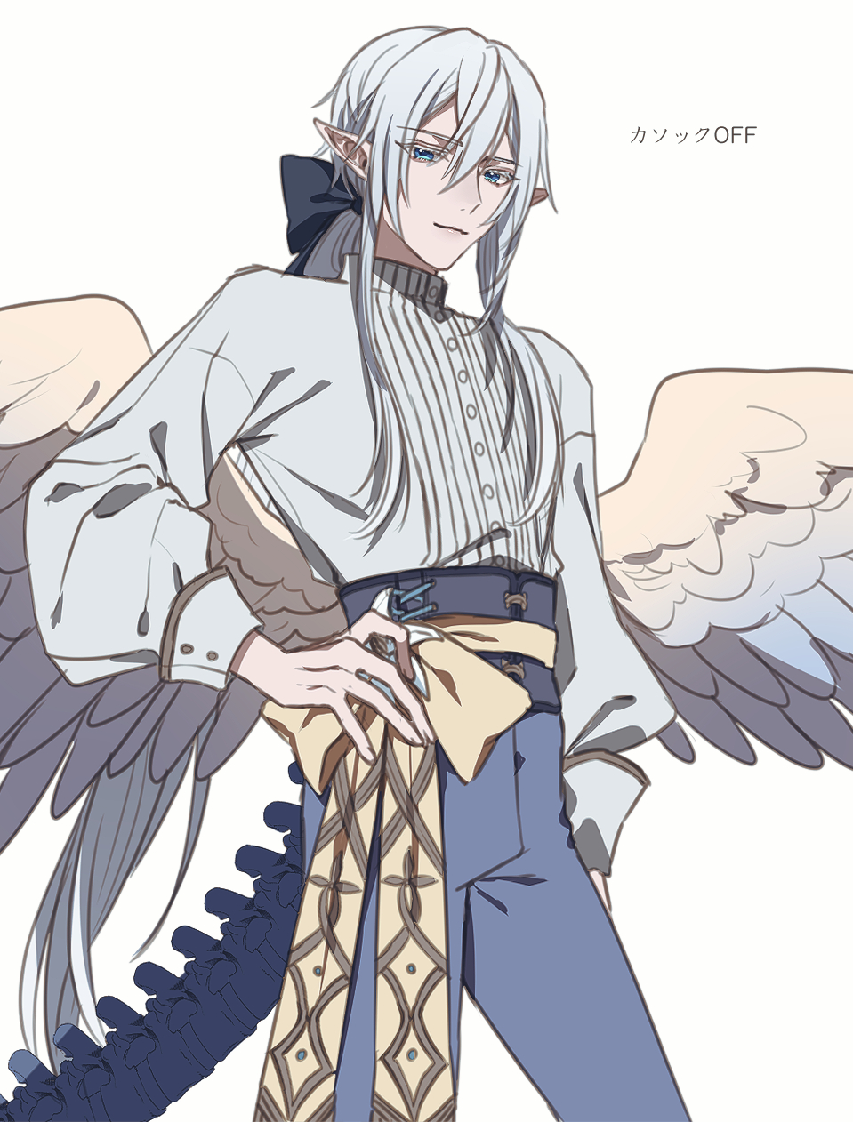 1boy aurorus black_bow blue_eyes bow feathered_wings grey_hair hair_bow hand_on_hip highres long_sleeves looking_at_viewer male_focus moe_(hamhamham) personification pointy_ears pokemon puffy_long_sleeves puffy_sleeves simple_background standing tail white_background wings